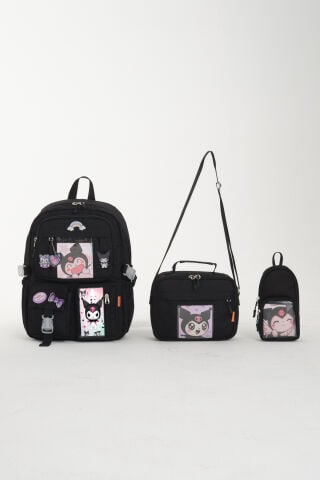 Kawaii Kore Tarzı Kuromi Okul Çantası, Termal Beslenme ve Kalemlikli İlkokul Sırt Çantası Set (Siyah)