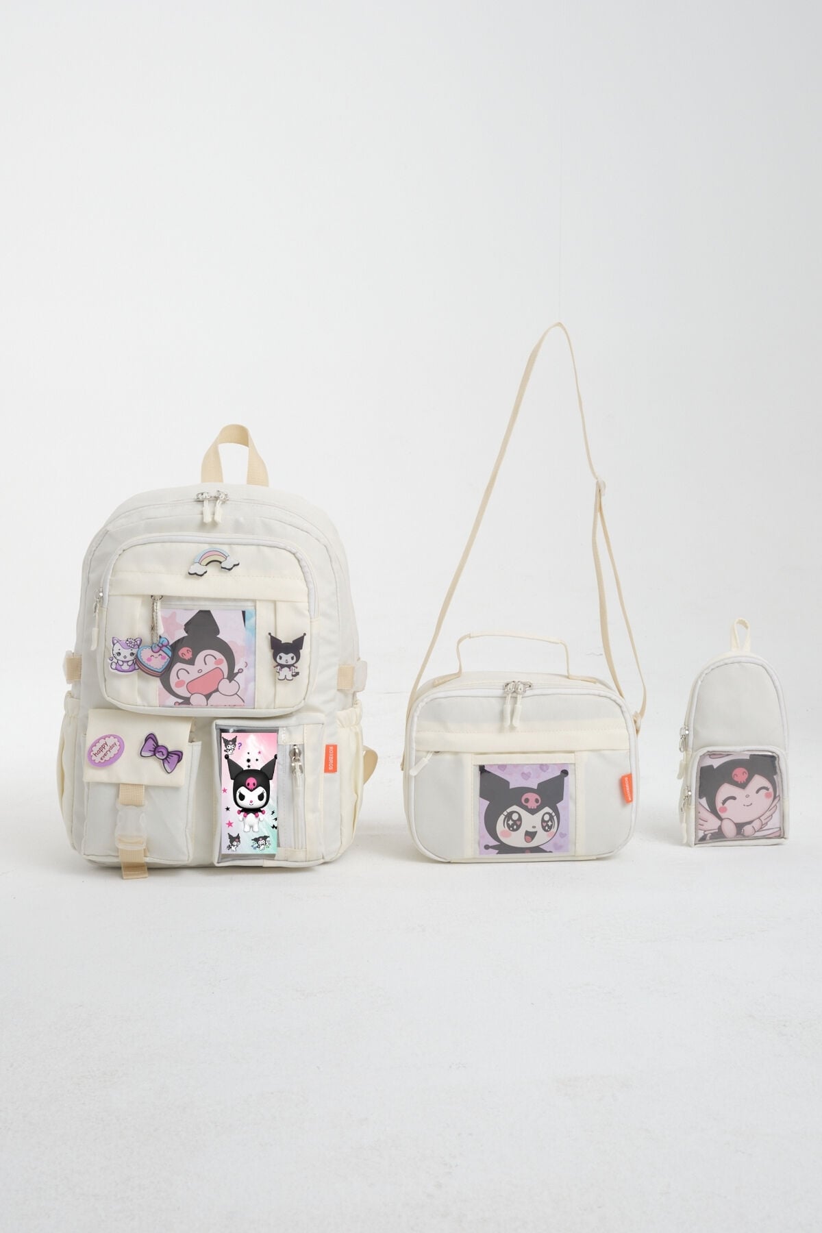Kawaii Kore Tarzı Kuromi Okul Çantası, Termal Beslenme ve Kalemlikli  Sırt Çantası Set (Krem)