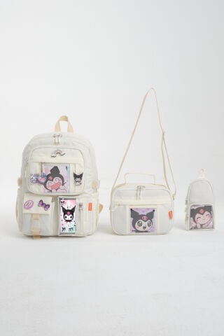 Kawaii Kore Tarzı Kuromi Okul Çantası, Termal Beslenme ve Kalemlikli  Sırt Çantası Set (Krem)