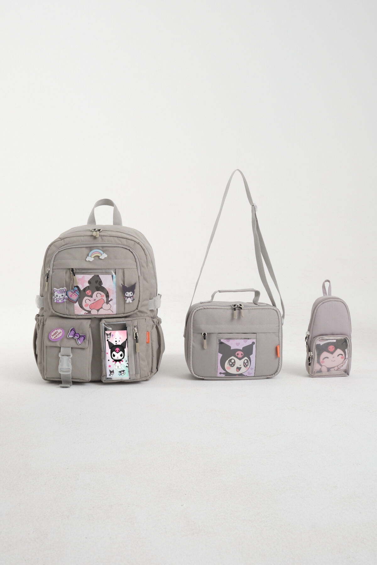 Kawaii Kore Tarzı Kuromi Okul Çantası, Termal Beslenme ve Kalemlikli Sırt Çantası Set (Gri)