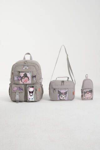 Kawaii Kore Tarzı Kuromi Okul Çantası, Termal Beslenme ve Kalemlikli Sırt Çantası Set (Gri)