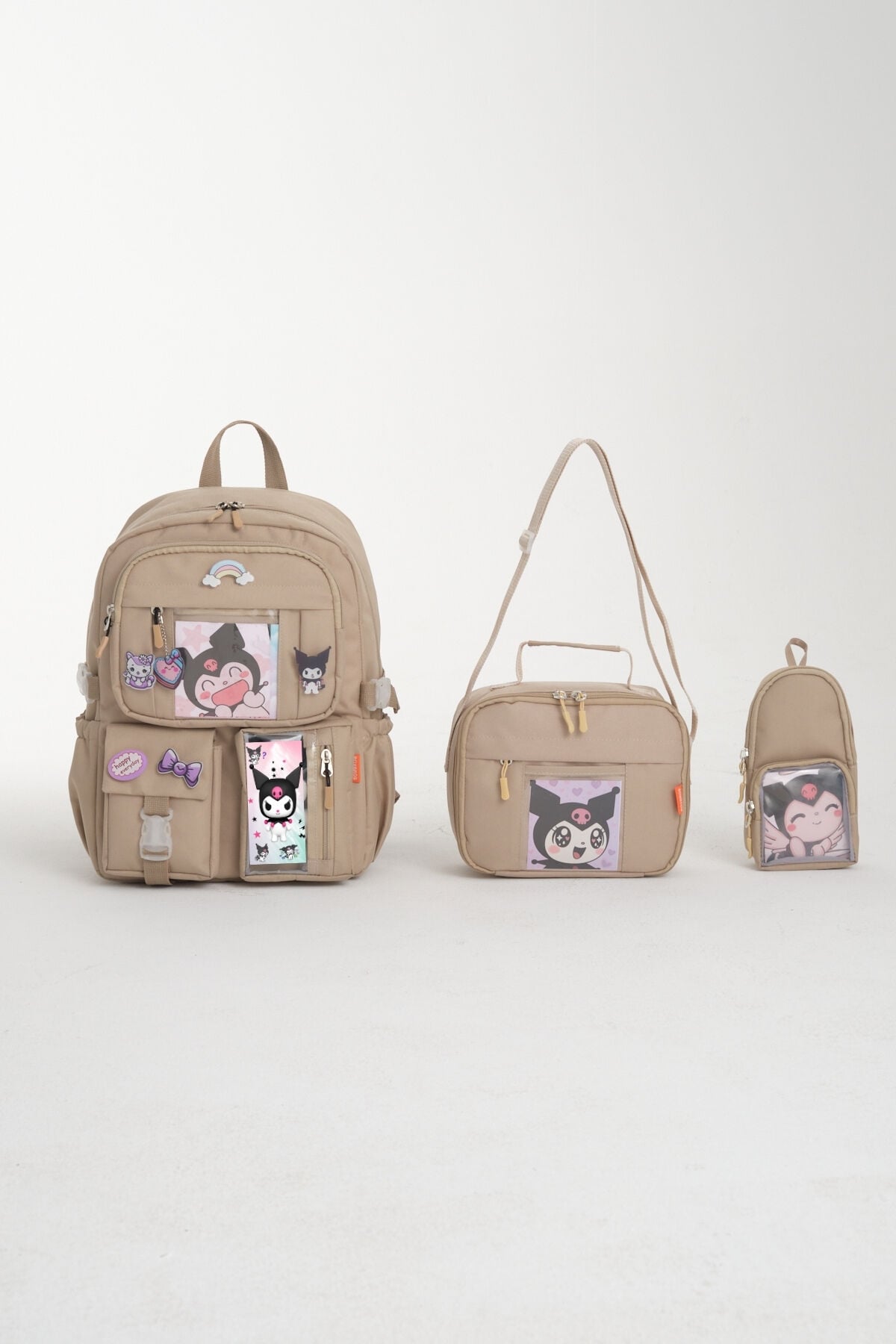 Kawaii Kore Tarzı Kuromi Okul Çantası, Termal Beslenme ve Kalemlikli Sırt Çantası Set (BEJ)