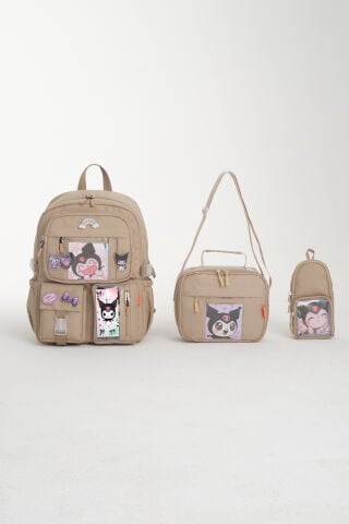 Kawaii Kore Tarzı Kuromi Okul Çantası, Termal Beslenme ve Kalemlikli Sırt Çantası Set (BEJ)