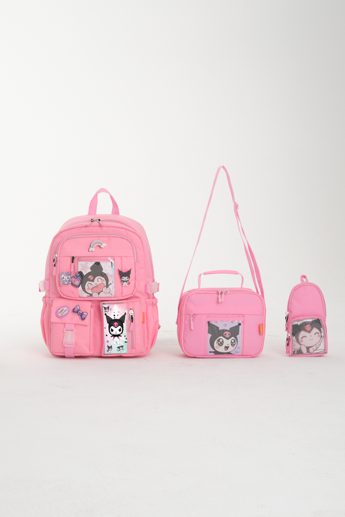 Kawaii Kore Tarzı Kuromi Okul Çantası, Termal Beslenme ve Kalemlikli Sırt Çantası Set (PEMBE)