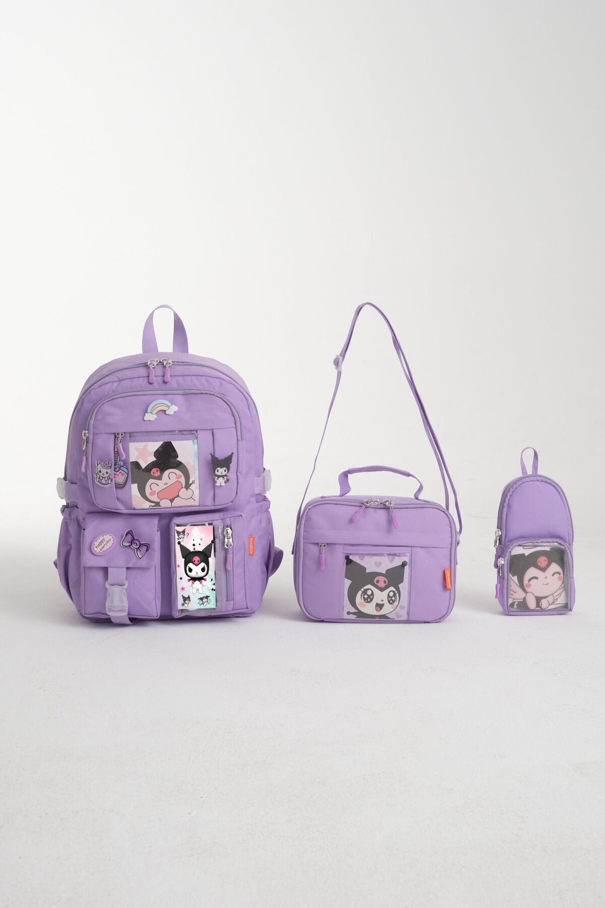 Kawaii Kore Tarzı Kuromi Okul Çantası, Termal Beslenme ve Kalemlikli Sırt Çantası Set (Lila)