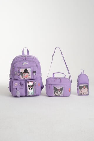 Kawaii Kore Tarzı Kuromi Okul Çantası, Termal Beslenme ve Kalemlikli Sırt Çantası Set (Lila)