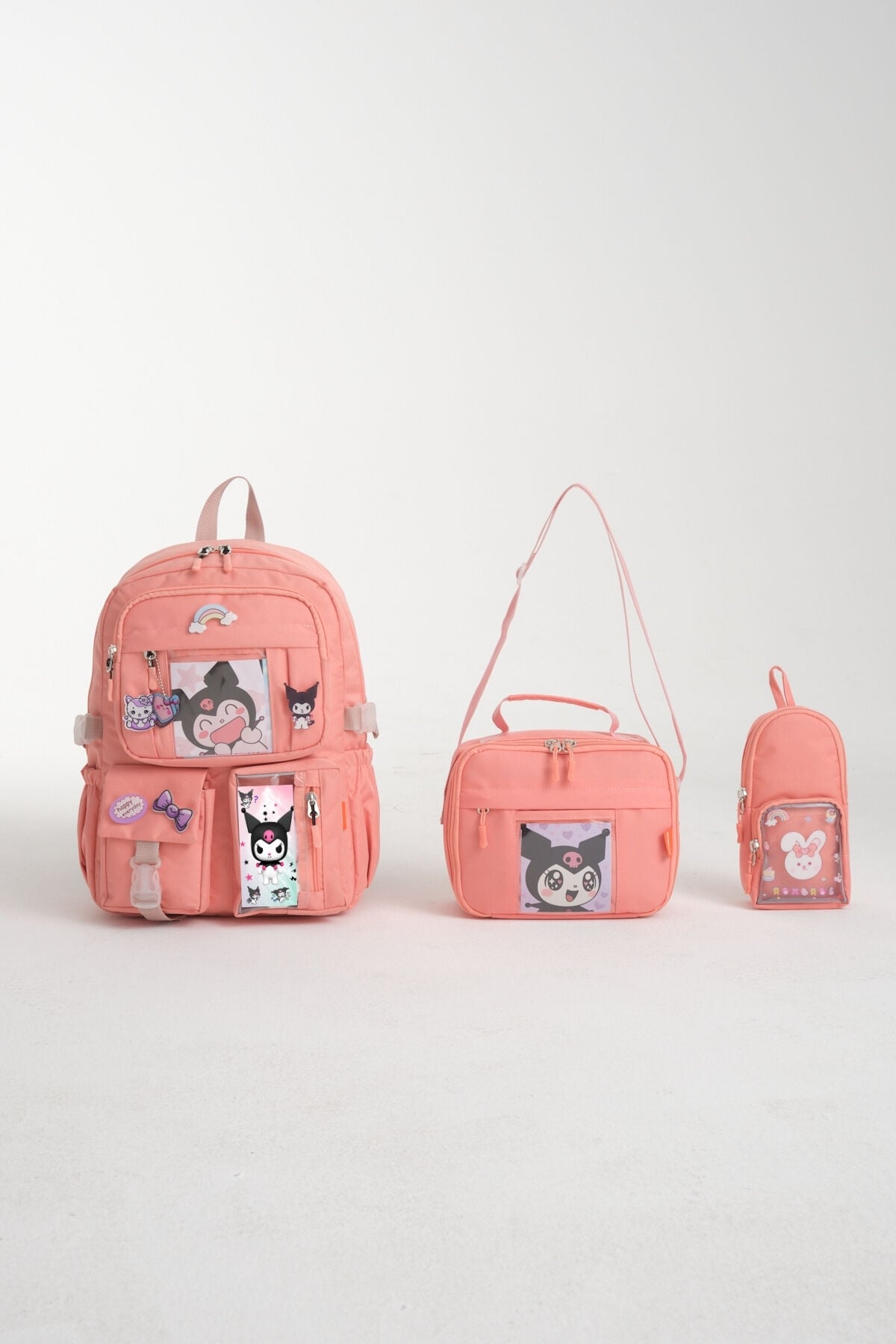 Kawaii Kore Tarzı Kuromi Okul Çantası, Termal Beslenme ve Kalemlikli Sırt Çantası Set (PUDRA)