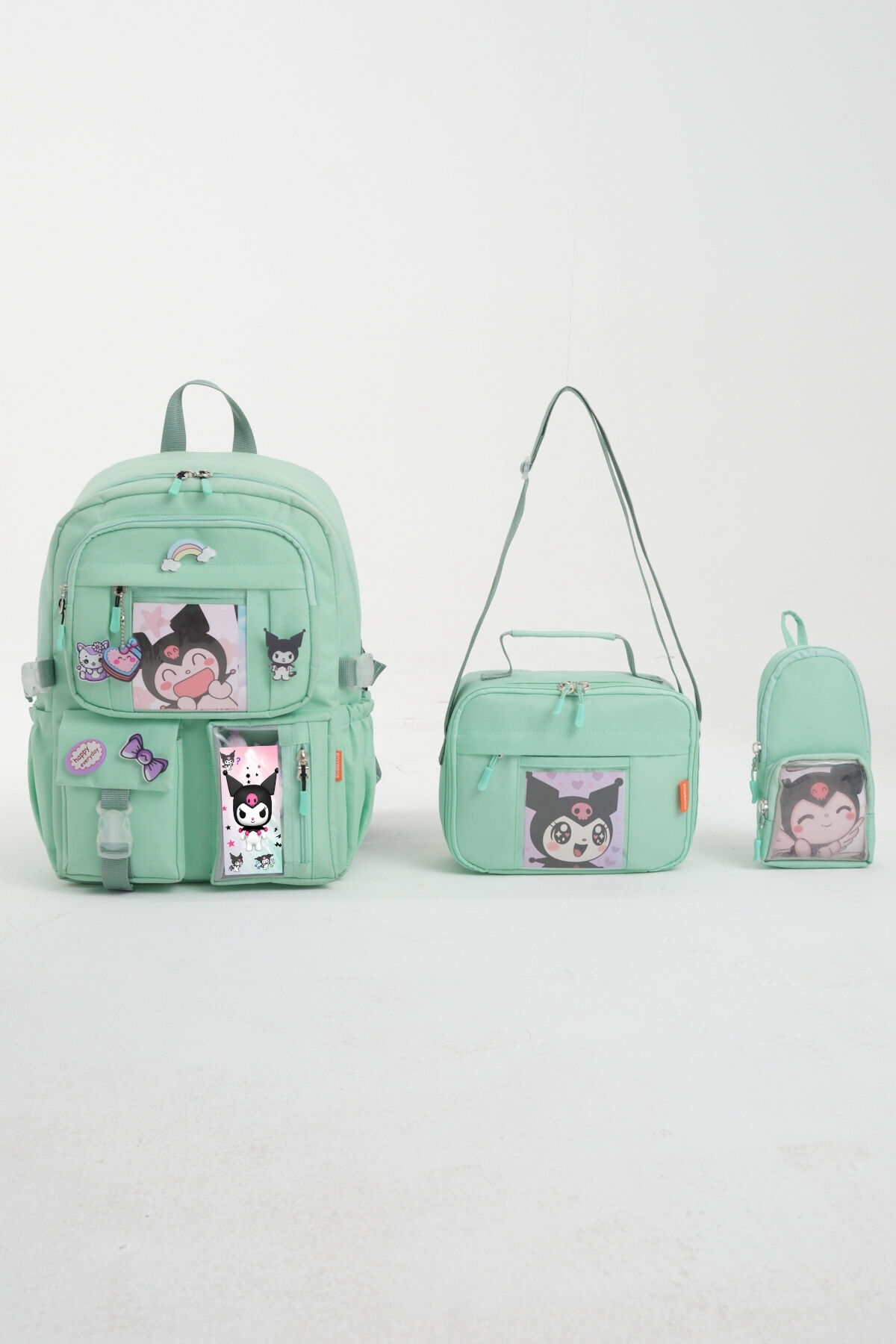 Kawaii Kore Tarzı Kuromi Okul Çantası, Termal Beslenme ve Kalemlikli Sırt Çantası Set (Mint)