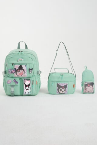 Kawaii Kore Tarzı Kuromi Okul Çantası, Termal Beslenme ve Kalemlikli Sırt Çantası Set (Mint)