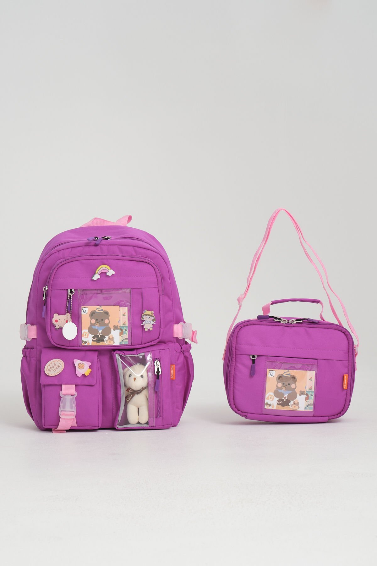 Roxbros Kawaii Kore Tarzı Aksesuarlı Ilkokul Sırt Çantası Kız Ve Isı Yalıtımlı Termoslu Beslenme Çantası Set MOR