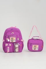 Roxbros Kawaii Kore Tarzı Aksesuarlı Ilkokul Sırt Çantası Kız Ve Isı Yalıtımlı Termoslu Beslenme Çantası Set MOR