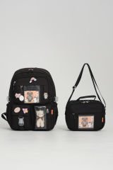 Roxbros Kawaii Kore Tarzı Aksesuarlı Ilkokul Sırt Çantası Kız Ve Isı Yalıtımlı Termoslu Beslenme Çantası Set SIYAH