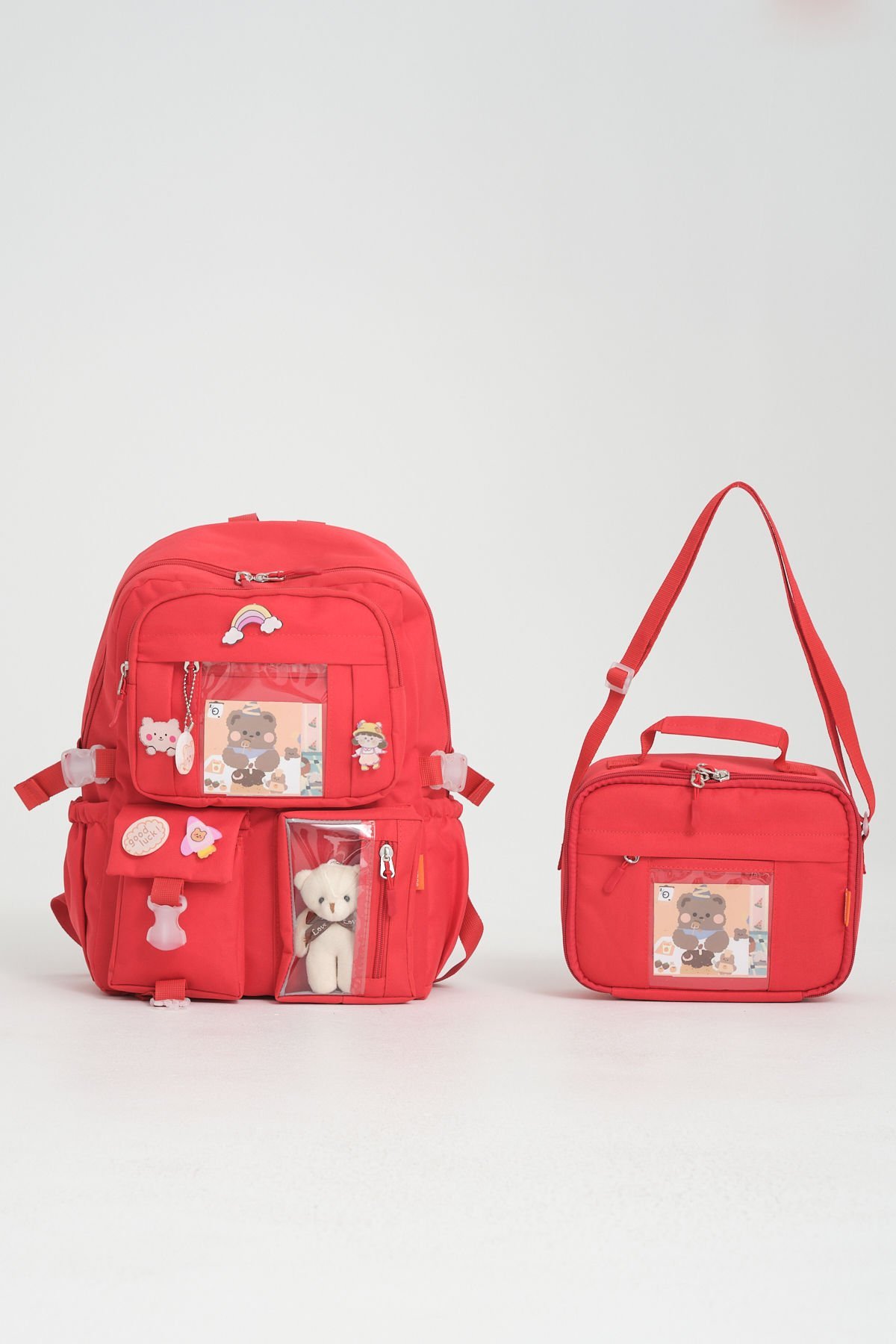 Roxbros Kawaii Kore Tarzı Aksesuarlı Ilkokul Sırt Çantası Kız Ve Isı Yalıtımlı Termoslu Beslenme Çantası Set