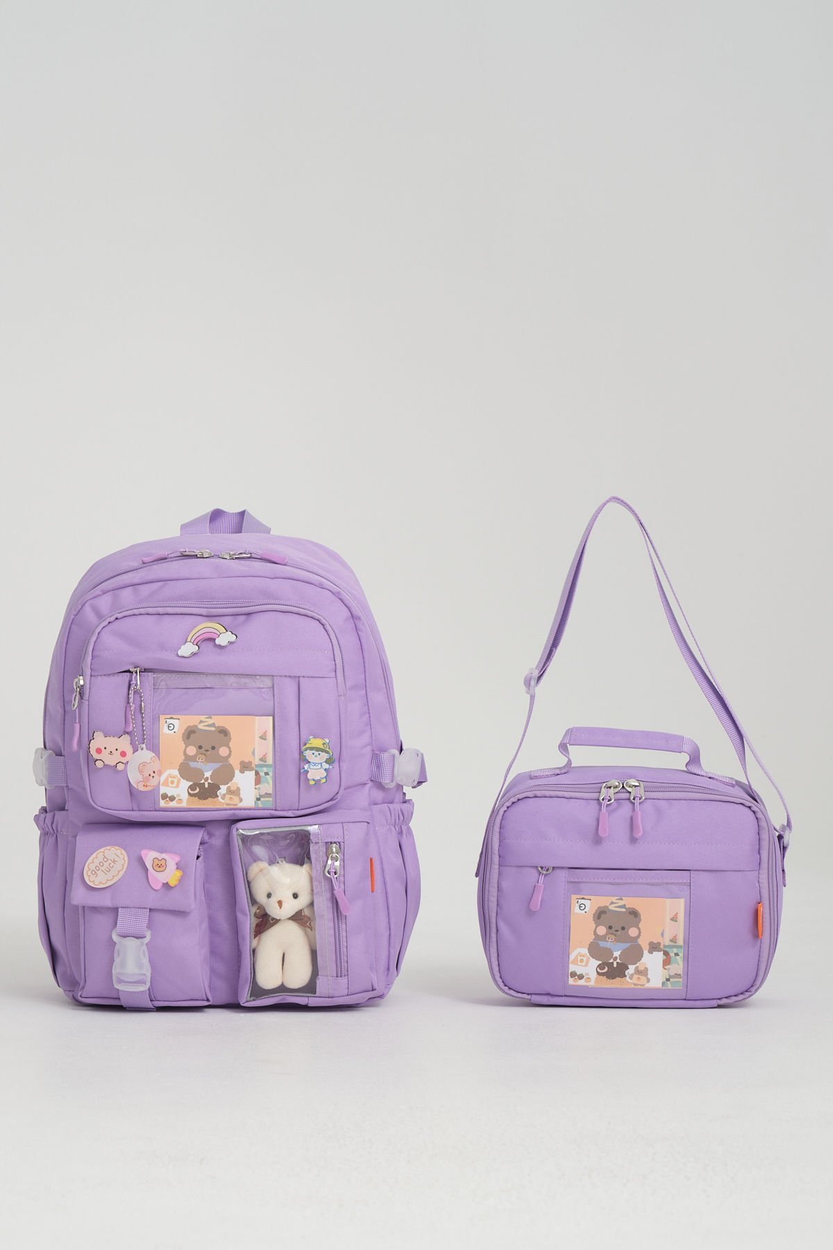 Roxbros Kawaii Kore Tarzı Aksesuarlı Ilkokul Sırt Çantası Kız Ve Isı Yalıtımlı Termoslu Beslenme Çantası Set LİLA