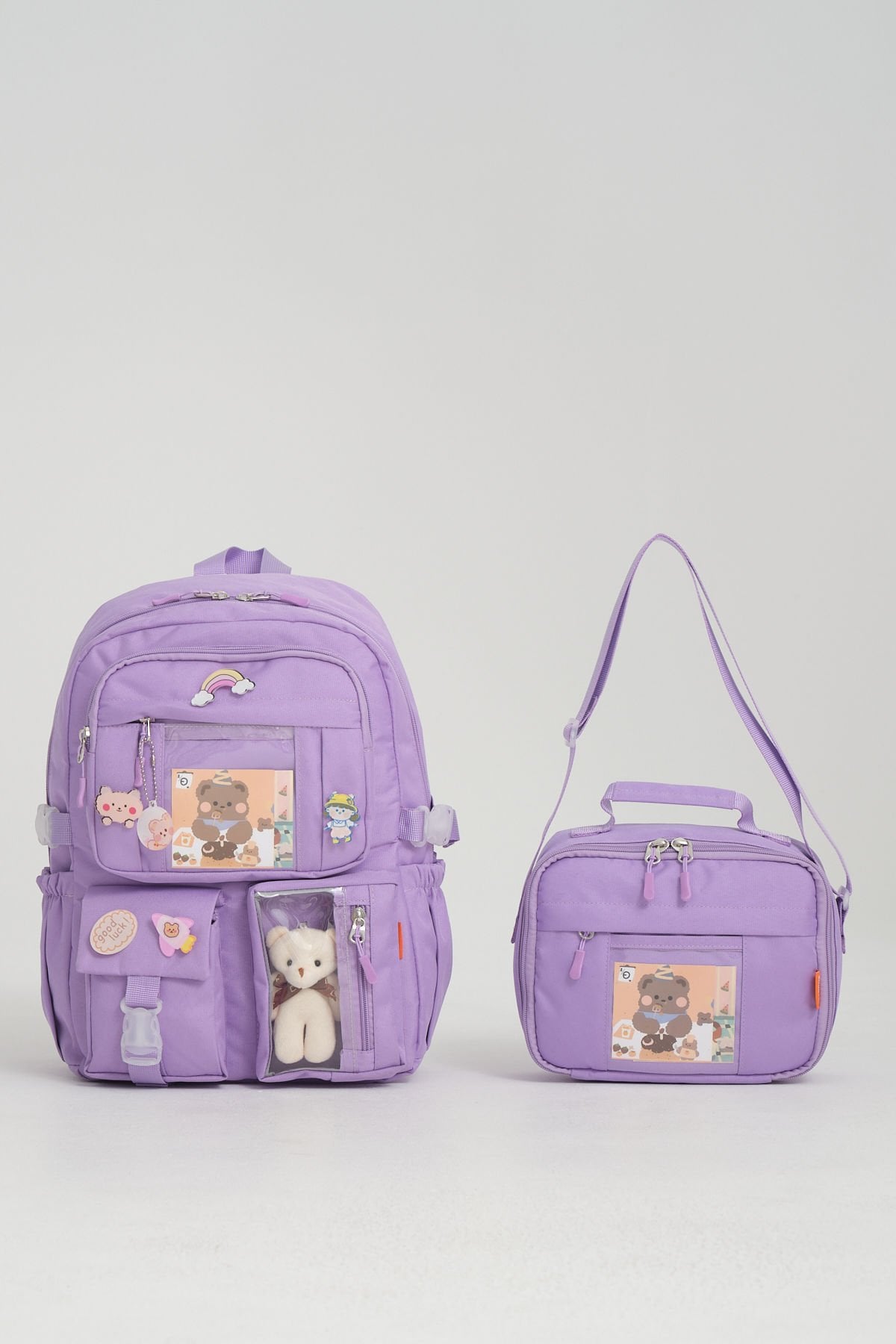 Roxbros Kawaii Kore Tarzı Aksesuarlı Ilkokul Sırt Çantası Kız Ve Isı Yalıtımlı Termoslu Beslenme Çantası Set LİLA