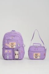 Roxbros Kawaii Kore Tarzı Aksesuarlı Ilkokul Sırt Çantası Kız Ve Isı Yalıtımlı Termoslu Beslenme Çantası Set LİLA