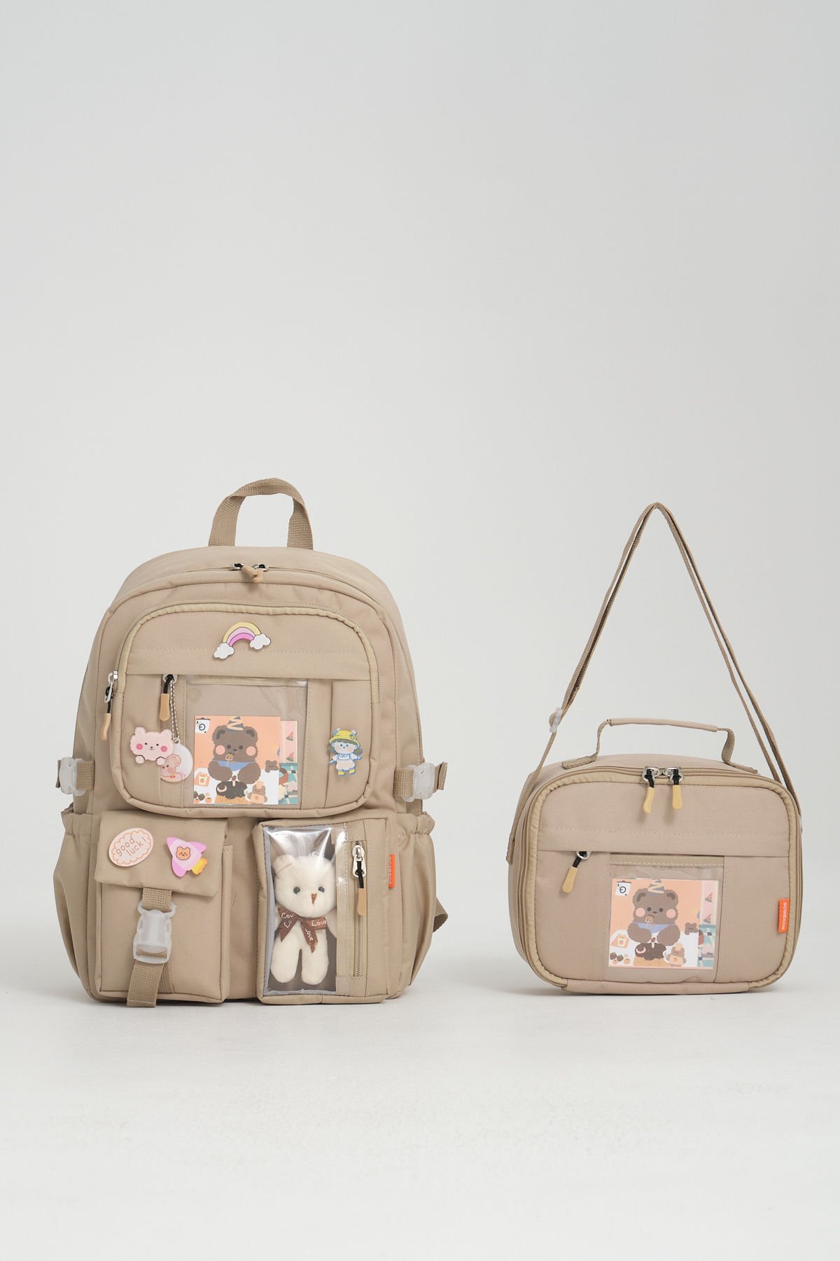 Roxbros Kawaii Kore Tarzı Aksesuarlı Ilkokul Sırt Çantası Kız Ve Isı Yalıtımlı Termoslu Beslenme Çantası Set BEJ
