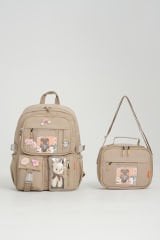 Roxbros Kawaii Kore Tarzı Aksesuarlı Ilkokul Sırt Çantası Kız Ve Isı Yalıtımlı Termoslu Beslenme Çantası Set BEJ