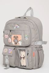 Roxbros Kawaii Kore Tarzı Okul Çantası Aksesuarlı Kız Çocuk ve Erkek Çocuk Sırt Çantası GRİ