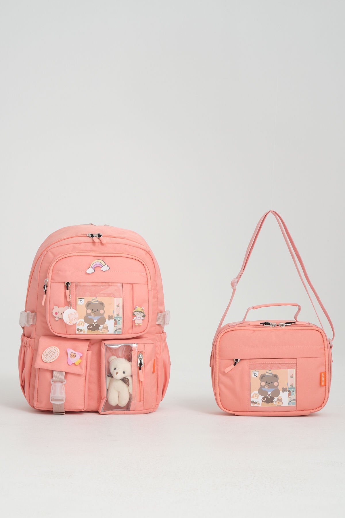 Roxbros Kawaii Kore Tarzı Aksesuarlı Ilkokul Sırt Çantası Kız Ve Isı Yalıtımlı Termoslu Beslenme Çantası Set PUDRA