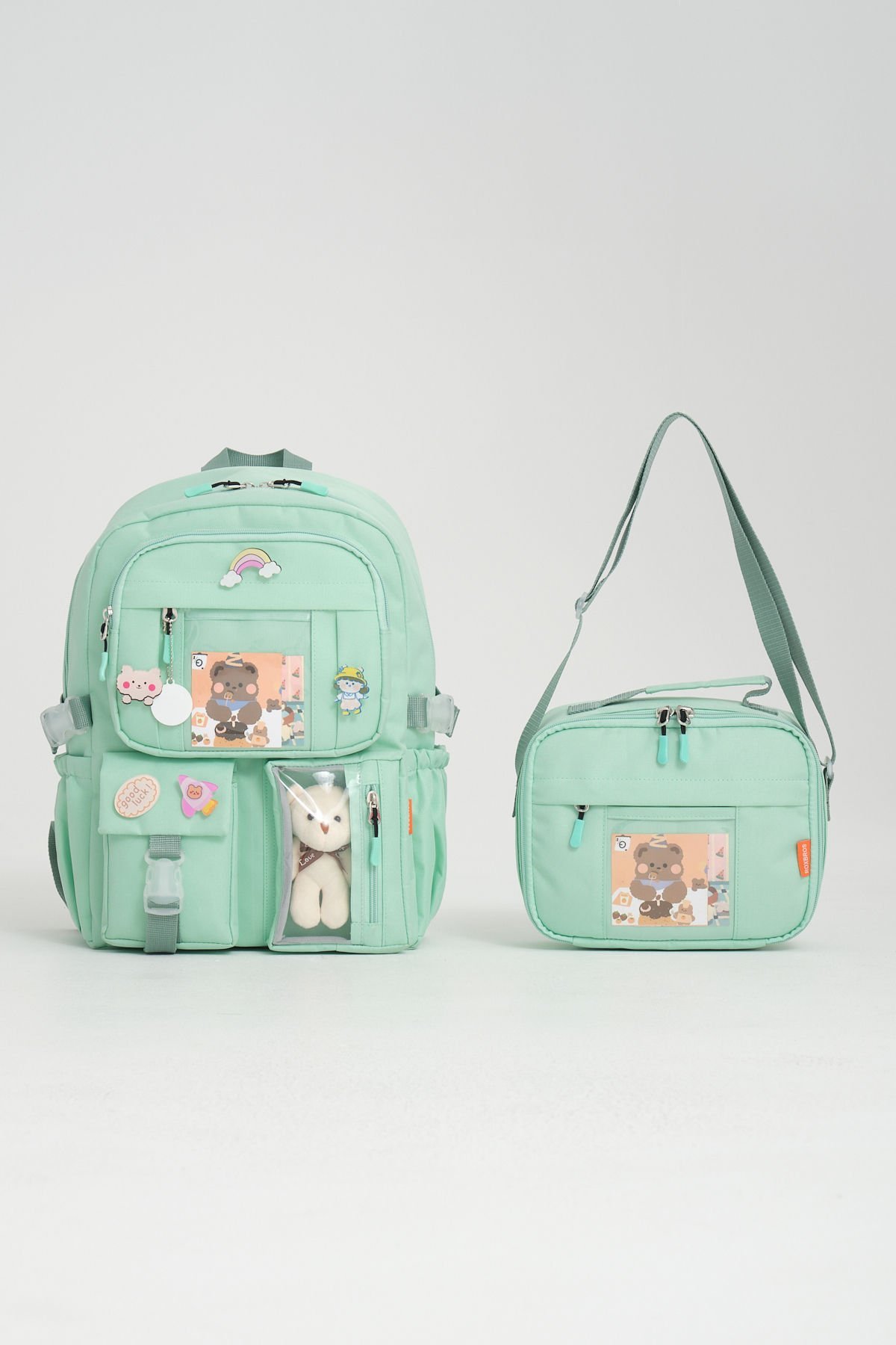 Roxbros Kawaii Kore Tarzı Aksesuarlı Ilkokul Sırt Çantası Kız Ve Isı Yalıtımlı Termoslu Beslenme Çantası Set MINT