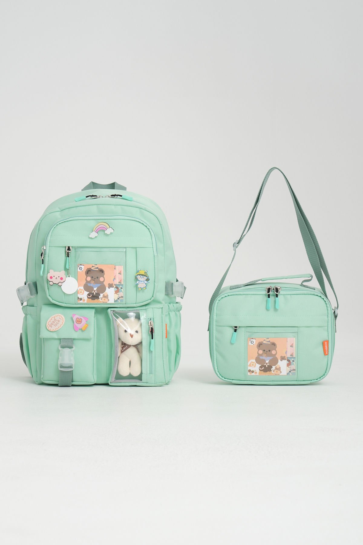 Roxbros Kawaii Kore Tarzı Aksesuarlı Ilkokul Sırt Çantası Kız Ve Isı Yalıtımlı Termoslu Beslenme Çantası Set MINT