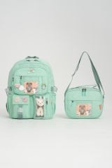 Roxbros Kawaii Kore Tarzı Aksesuarlı Ilkokul Sırt Çantası Kız Ve Isı Yalıtımlı Termoslu Beslenme Çantası Set MINT