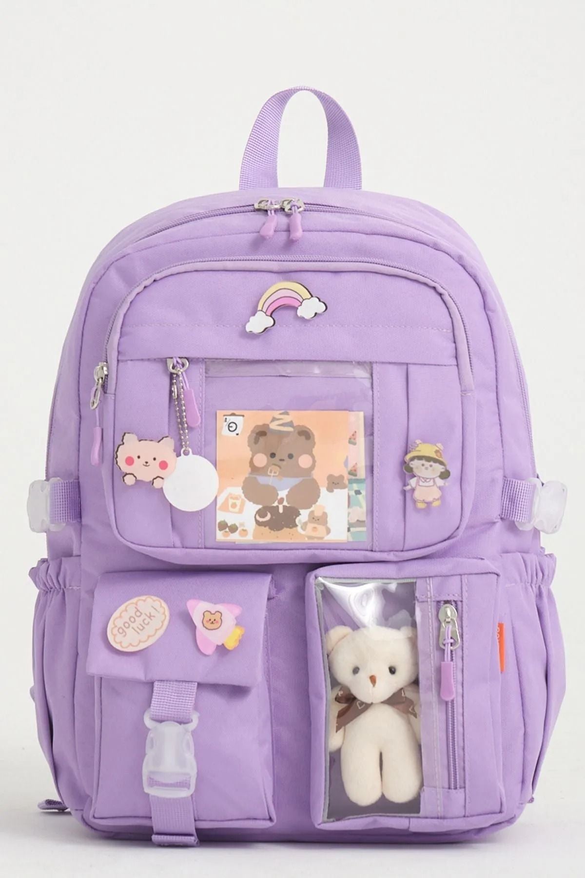 Roxbros Kawaii Kore Tarzı Okul Çantası Aksesuarlı Kız Çocuk ve Erkek Çocuk Sırt Çantası Lİ