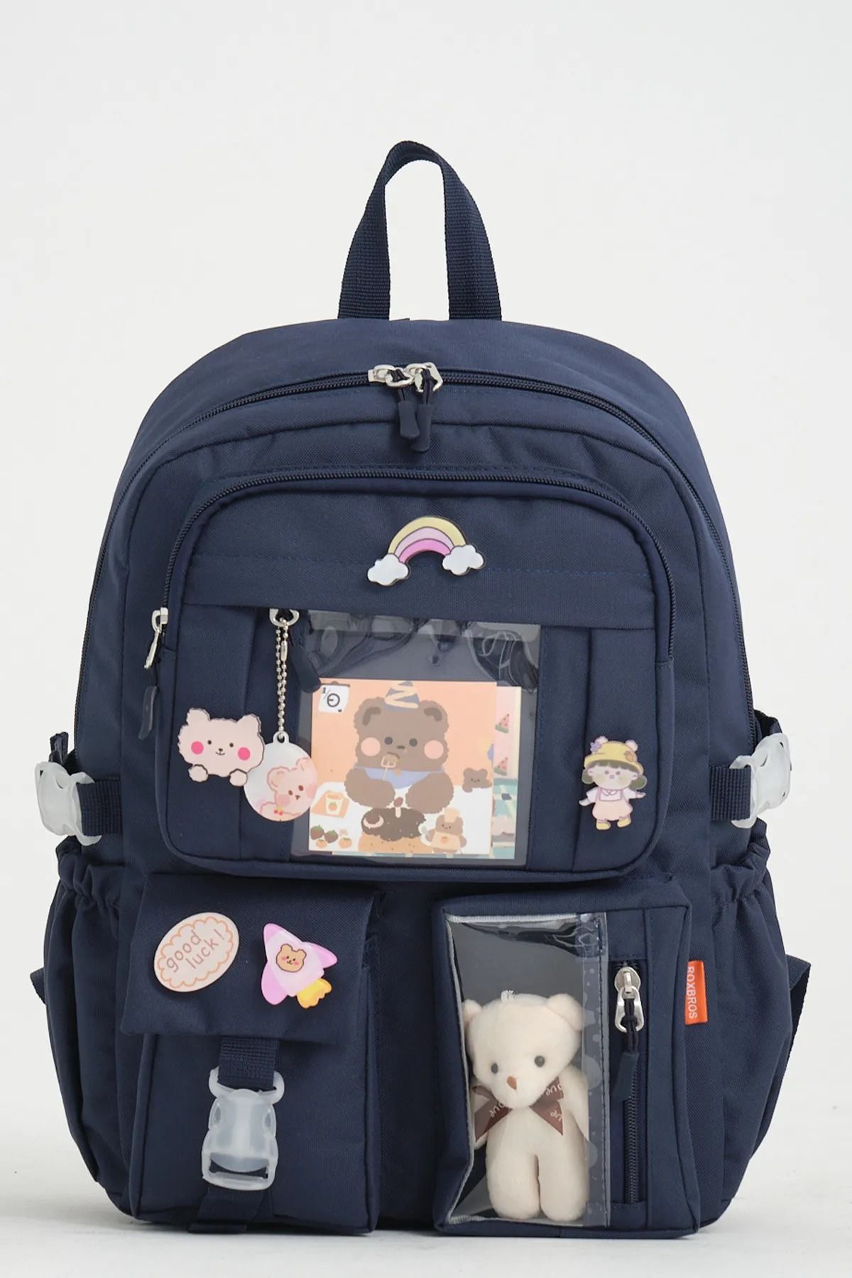 Roxbros Kawaii Kore Tarzı Okul Çantası Aksesuarlı Kız Çocuk ve Erkek Çocuk Sırt Çantası LACİVERT