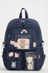 Roxbros Kawaii Kore Tarzı Okul Çantası Aksesuarlı Kız Çocuk ve Erkek Çocuk Sırt Çantası LACİVERT