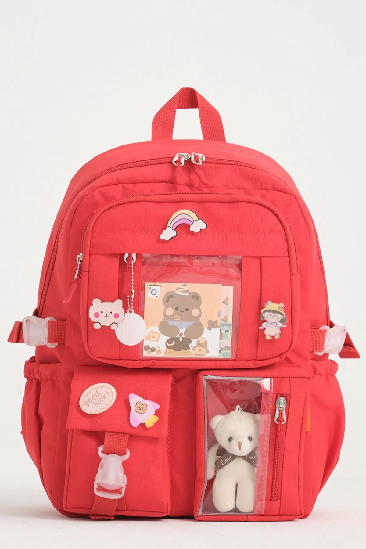 Roxbros Kawaii Kore Tarzı Okul Çantası Aksesuarlı Kız Çocuk ve Erkek Çocuk Sırt Çantası RED