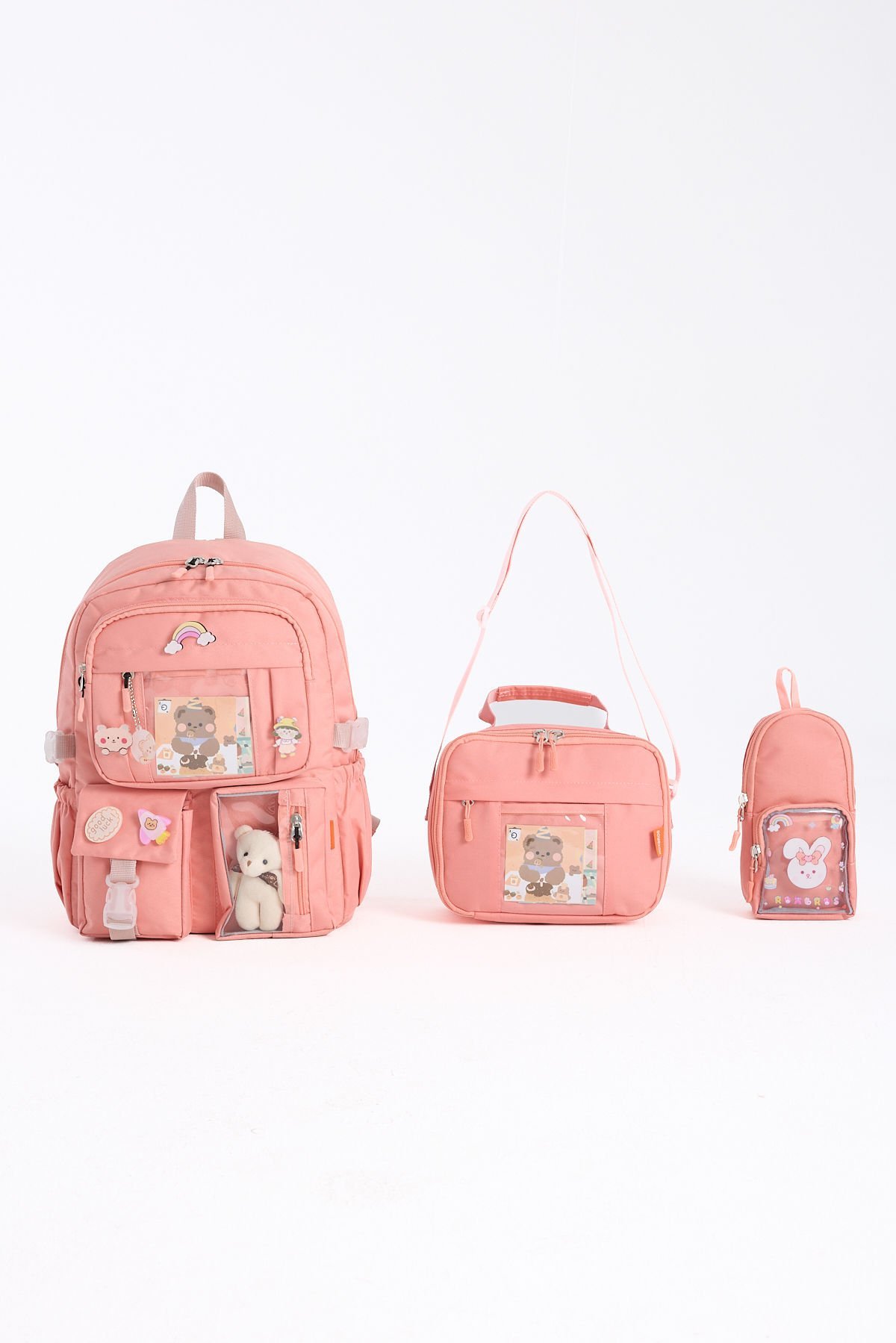 Roxbros Kawaii Kore Tarzı Aksesuarlı 3'lü Set Çocuk İlkokul Çantası Kalemlikli Beslenme Çantalı Sırt Çantası (PUDRA)