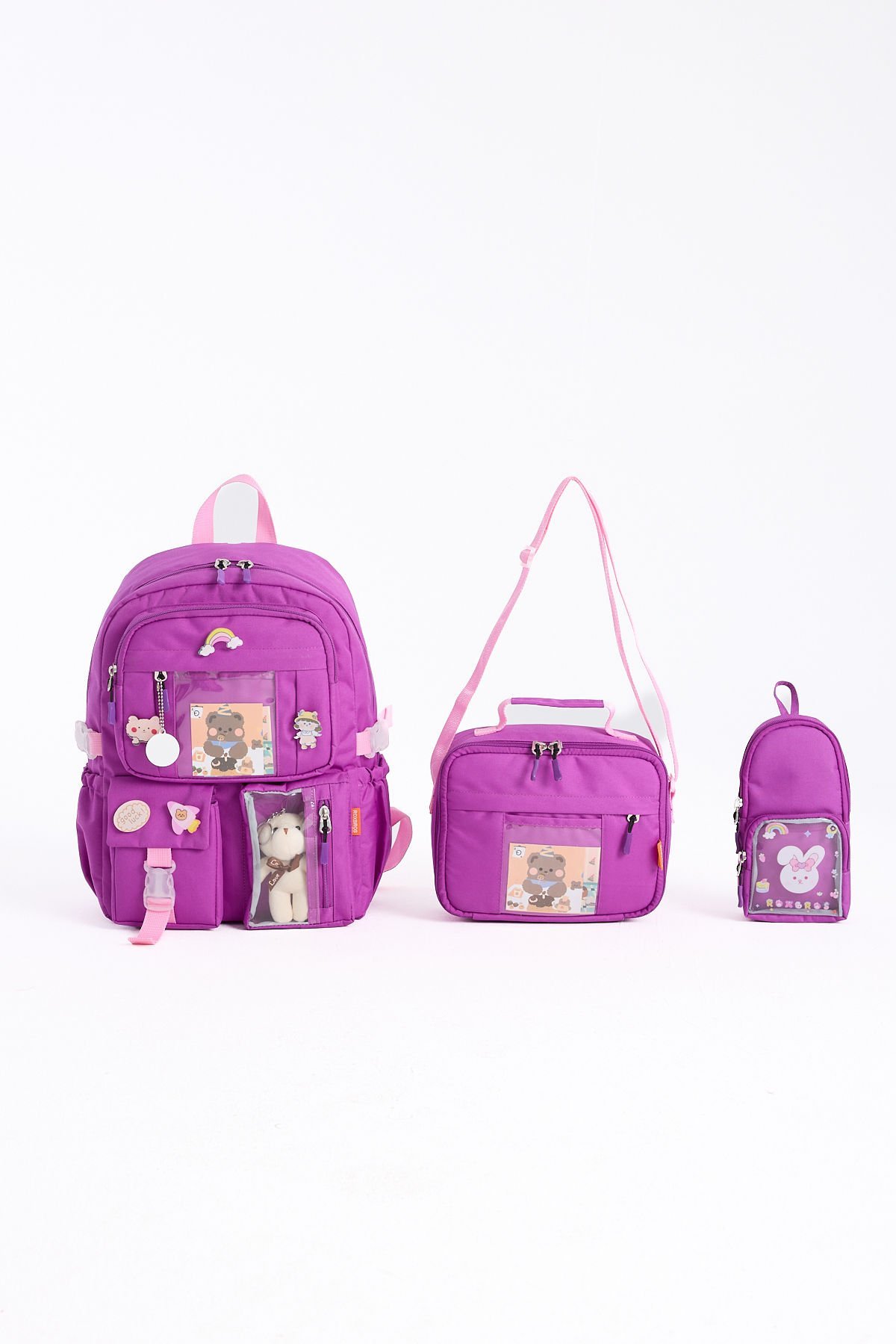 Roxbros Kawaii Kore Tarzı Aksesuarlı 3'lü Set Çocuk İlkokul Çantası Kalemlikli Beslenme Çantalı Sırt Çantası (MOR)