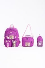 Roxbros Kawaii Kore Tarzı Aksesuarlı 3'lü Set Çocuk İlkokul Çantası Kalemlikli Beslenme Çantalı Sırt Çantası (MOR)