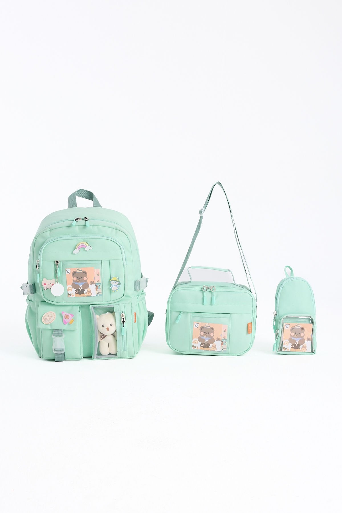 Roxbros Kawaii Kore Tarzı Aksesuarlı 3'lü Set Çocuk İlkokul Çantası Kalemlikli Beslenme Ça
