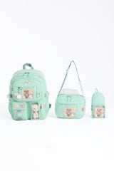 Roxbros Kawaii Kore Tarzı Aksesuarlı 3'lü Set Çocuk İlkokul Çantası Kalemlikli Beslenme Ça