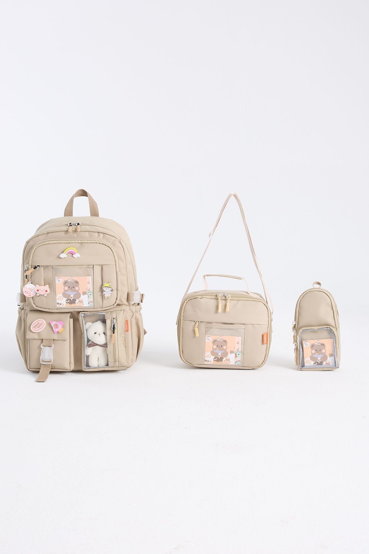 Roxbros Kawaii Kore Tarzı Aksesuarlı 3'lü Set Çocuk İlkokul Çantası Kalemlikli Beslenme Çantalı Sırt Çantası (BEJ)