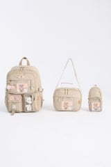 Roxbros Kawaii Kore Tarzı Aksesuarlı 3'lü Set Çocuk İlkokul Çantası Kalemlikli Beslenme Çantalı Sırt Çantası (BEJ)