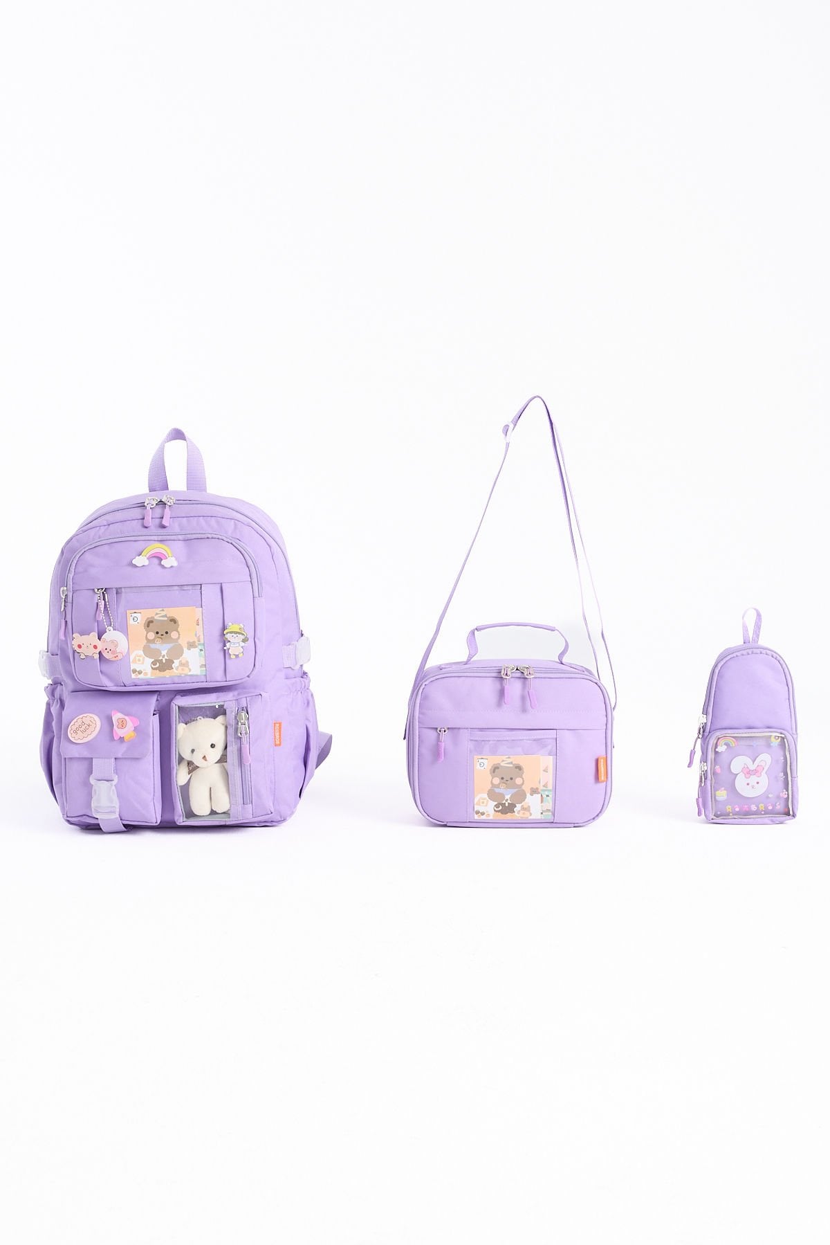 Roxbros Kawaii Kore Tarzı Aksesuarlı 3'lü Set Çocuk İlkokul Çantası Kalemlikli Beslenme Ça