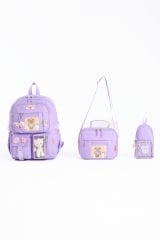 Roxbros Kawaii Kore Tarzı Aksesuarlı 3'lü Set Çocuk İlkokul Çantası Kalemlikli Beslenme Çantalı Sırt Çantası (LILA)