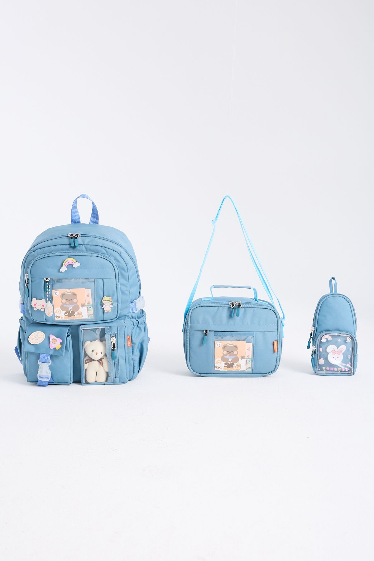 Roxbros Kawaii Kore Tarzı Aksesuarlı 3'lü Set Çocuk İlkokul Çantası Kalemlikli Beslenme Çantalı Sırt Çantası (INDIGO)