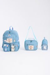 Roxbros Kawaii Kore Tarzı Aksesuarlı 3'lü Set Çocuk İlkokul Çantası Kalemlikli Beslenme Çantalı Sırt Çantası (INDIGO)