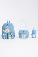 Roxbros Kawaii Kore Tarzı Aksesuarlı 3'lü Set Çocuk İlkokul Çantası Kalemlikli Beslenme Çantalı Sırt Çantası (INDIGO)