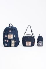 Roxbros Kawaii Kore Tarzı Aksesuarlı 3'lü Set Çocuk İlkokul Çantası Kalemlikli Beslenme Çantalı Sırt Çantası (LACIVERT)