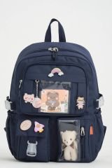 Roxbros Kawaii Kore Tarzı Aksesuarlı 3'lü Set Çocuk İlkokul Çantası Kalemlikli Beslenme Çantalı Sırt Çantası (LACIVERT)