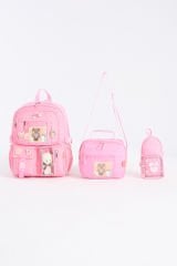 Roxbros Kawaii Kore Tarzı Aksesuarlı 3'lü Set Çocuk İlkokul Çantası Kalemlikli Beslenme Çantalı Sırt Çantası (PEMBE)
