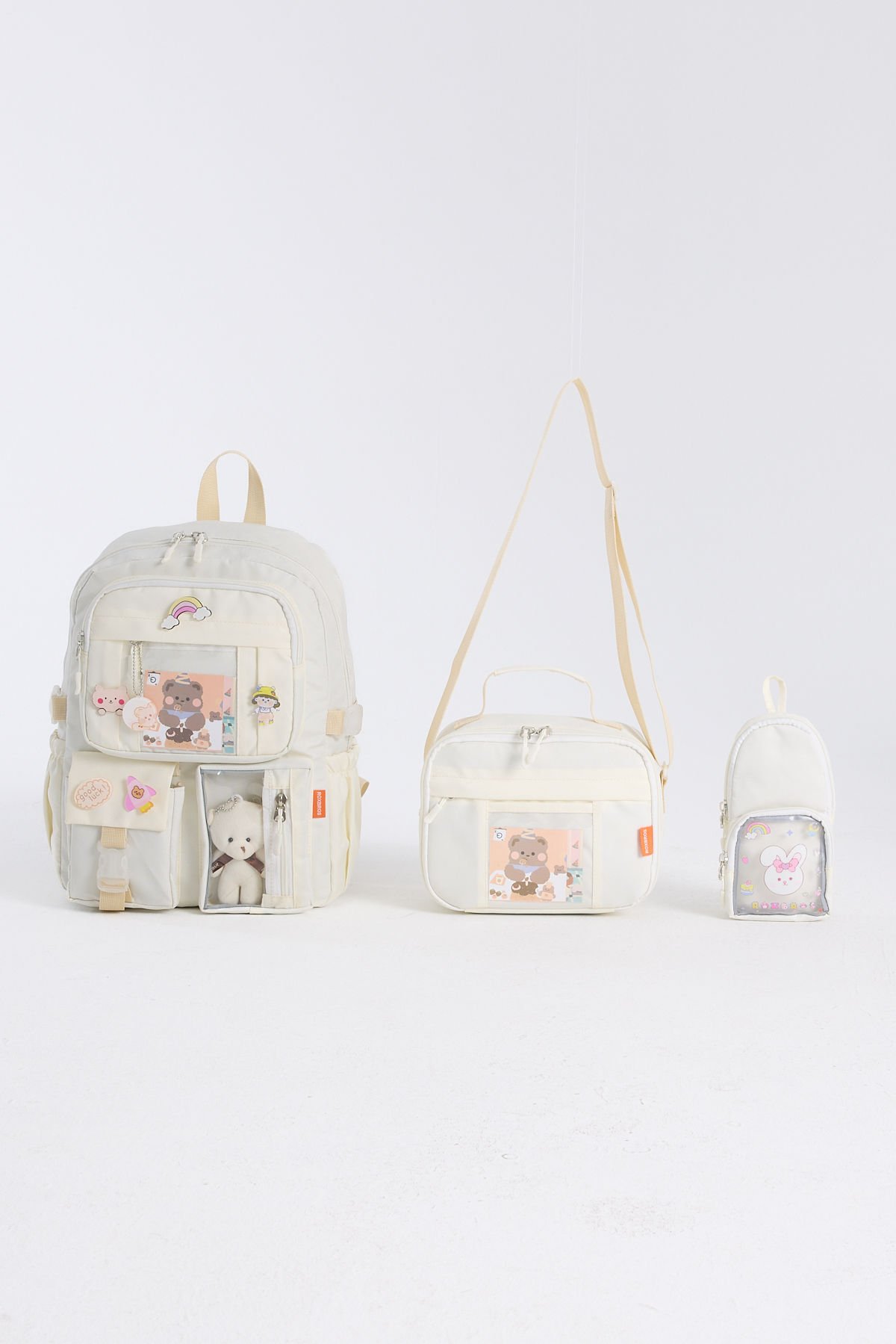 Roxbros Kawaii Kore Tarzı Aksesuarlı 3'lü Set Çocuk İlkokul Çantası Kalemlikli Beslenme Çantalı Sırt Çantası (KREM)