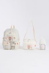 Roxbros Kawaii Kore Tarzı Aksesuarlı 3'lü Set Çocuk İlkokul Çantası Kalemlikli Beslenme Çantalı Sırt Çantası (KREM)
