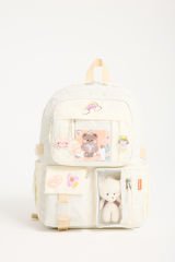 Roxbros Kawaii Kore Tarzı Aksesuarlı 3'lü Set Çocuk İlkokul Çantası Kalemlikli Beslenme Çantalı Sırt Çantası (KREM)