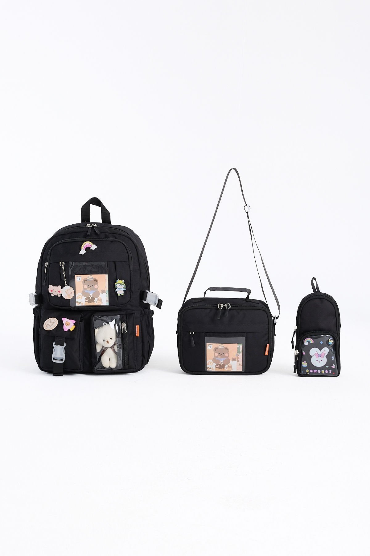 Roxbros Kawaii Kore Tarzı Aksesuarlı 3'lü Set Çocuk İlkokul Çantası Kalemlikli Beslenme Ça